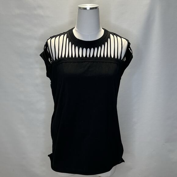 Diesel Black T Shirt Womens Size Medium Distressed Ripped Slashed Rocker Top - Picture 1 of 11